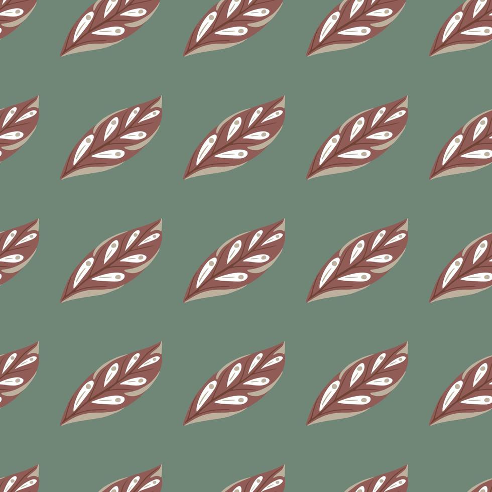 Maroon abstract leaf silhouettes seamless doodle pattern. Green background. Floral decorative backdrop. vector