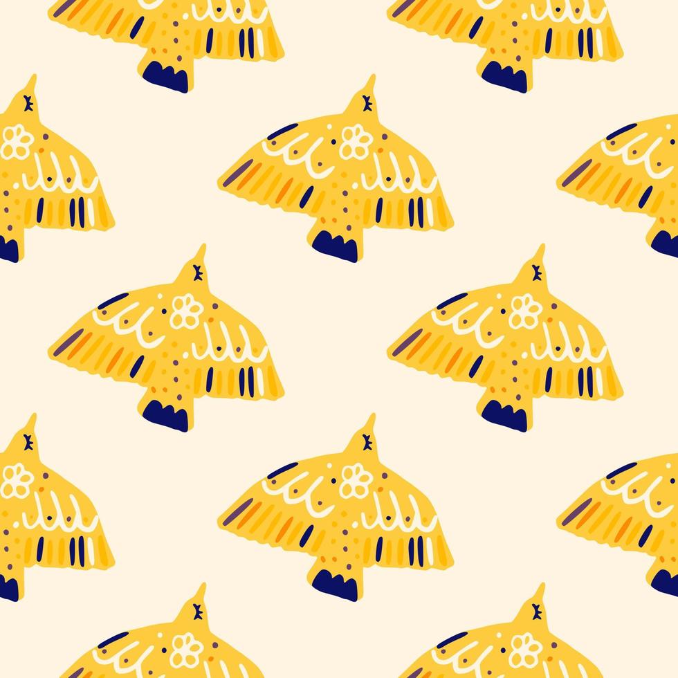 Bird creative silhouettes seamless hand drawn pattern. Yellow animal ornament on soft light background. vector