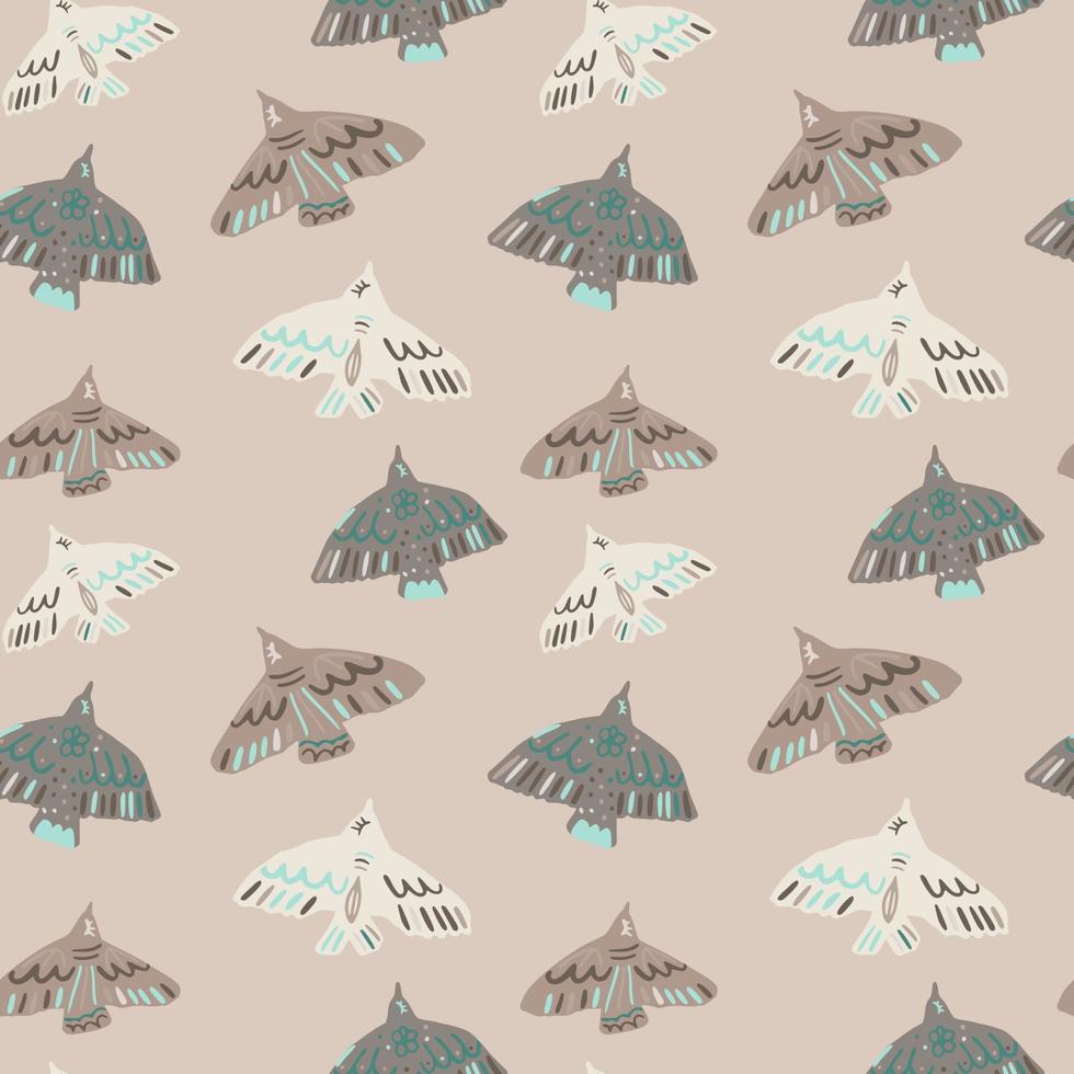 Seamless pattern with hand drawn bird ornament in white, beige and grey colors. Light pink background. vector