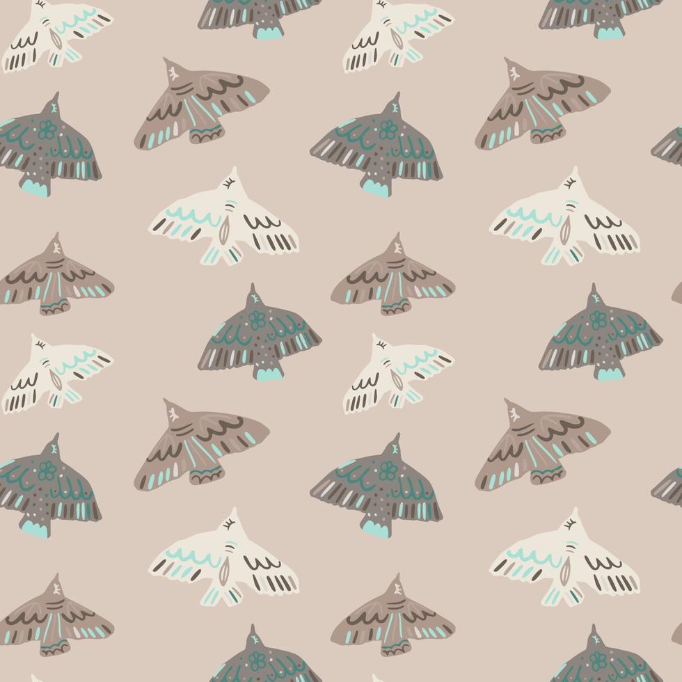 Seamless pattern with hand drawn bird ornament in white, beige and grey colors. Light pink background. vector