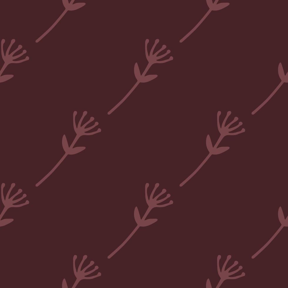 Floral minimalistic ornament seamless pattern with flower branches. Burgundy background. vector