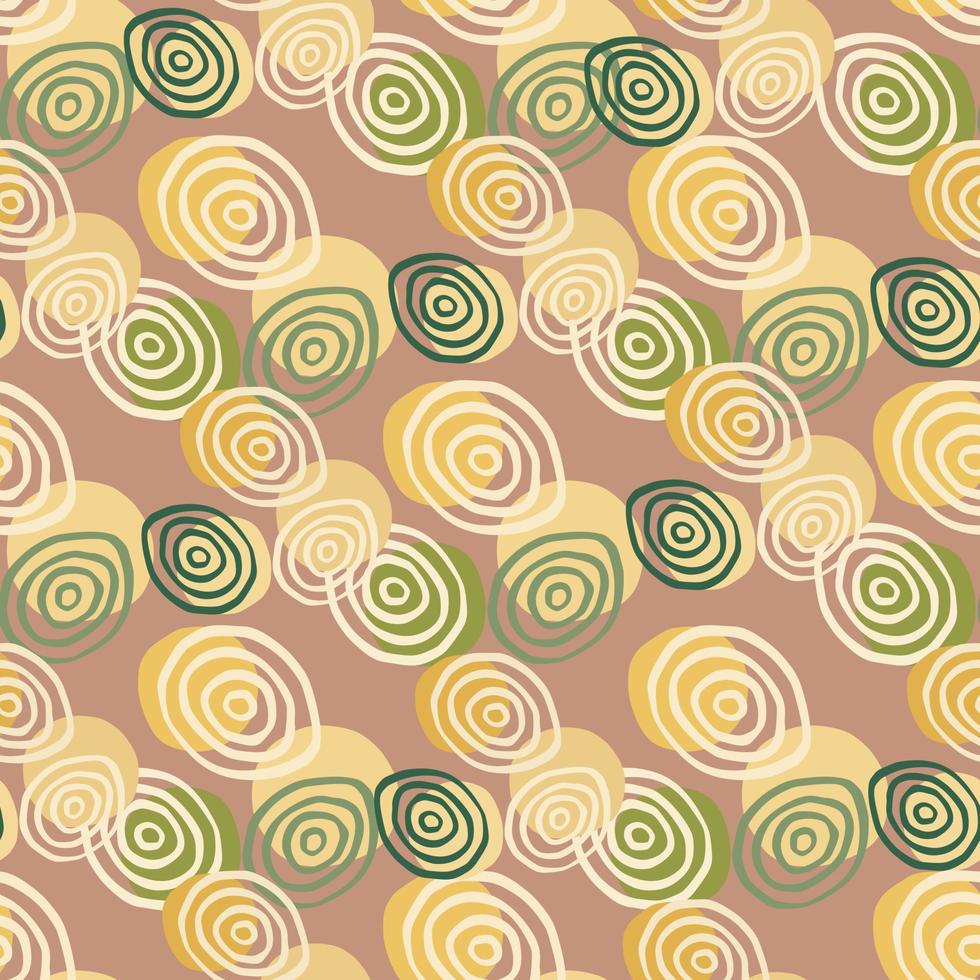 Pastel spiral circles hand drawn seamless pattern. Abstract ornament with green and yellow colors on soft background. vector