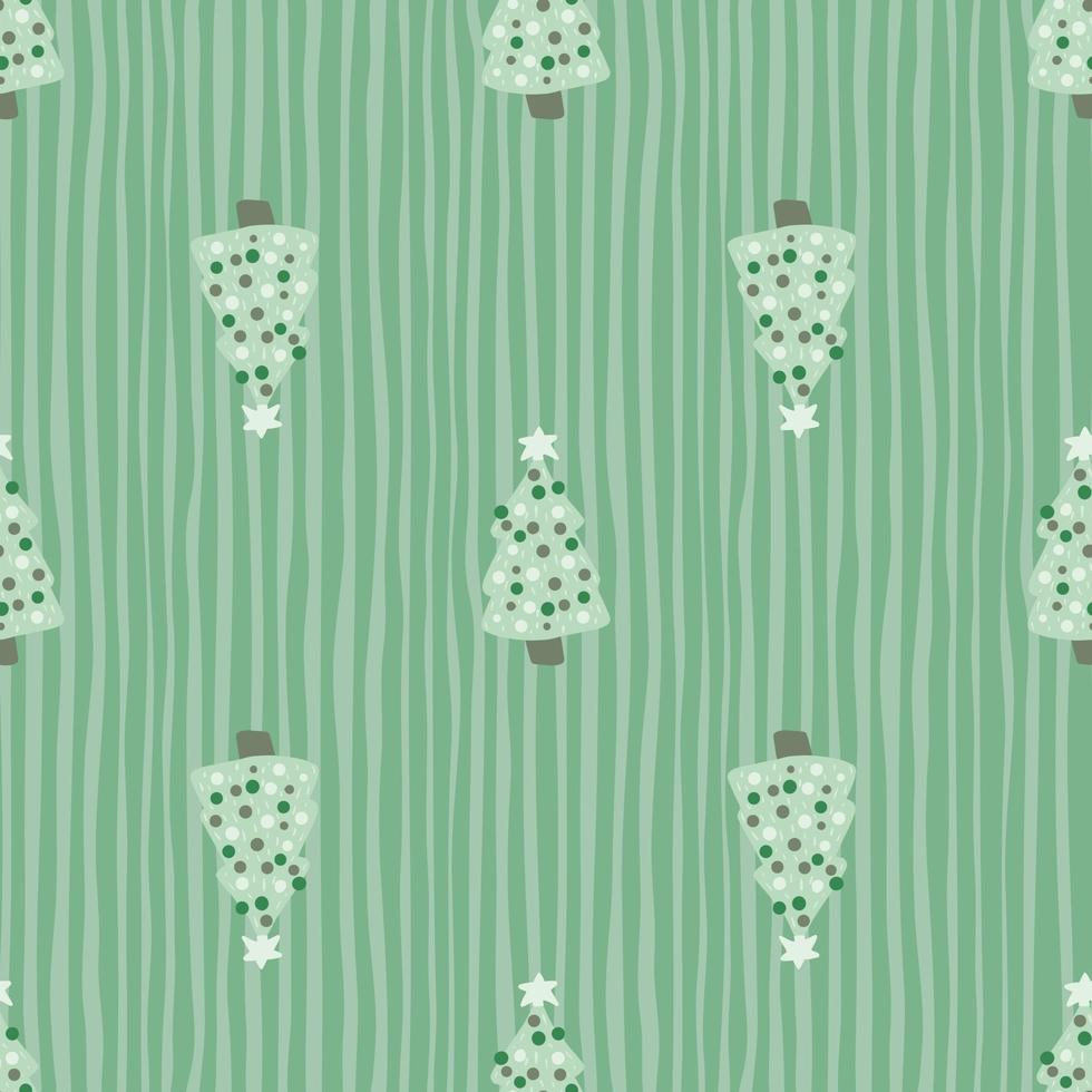 Light pastel green palette seamless pattern with doodle christmas tree toy silhouettes. Striped background. vector