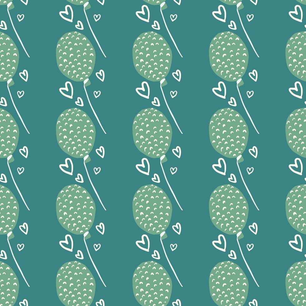 Seamless doodle pattern with green balloons with dashes. Heart outline details. Dark turquoise background. vector