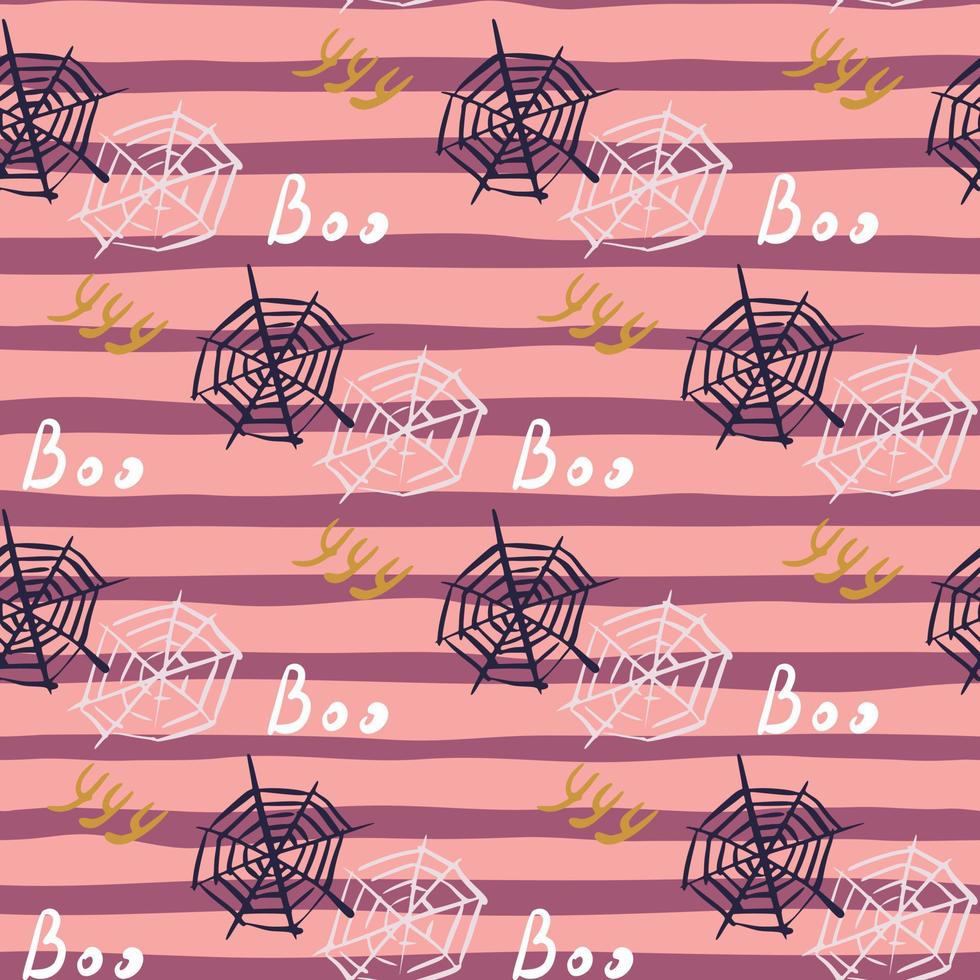 Purple colored spider web ornament seamless doodle pattern. Hand drawn halloween print with lilac and pink stripped background. vector