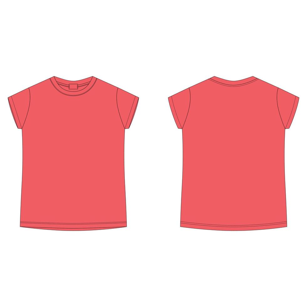 plantilla en blanco de camiseta en color rojo brillante. camiseta de boceto técnico para niños aislada. estilo casual para niños. frente y detrás. vector