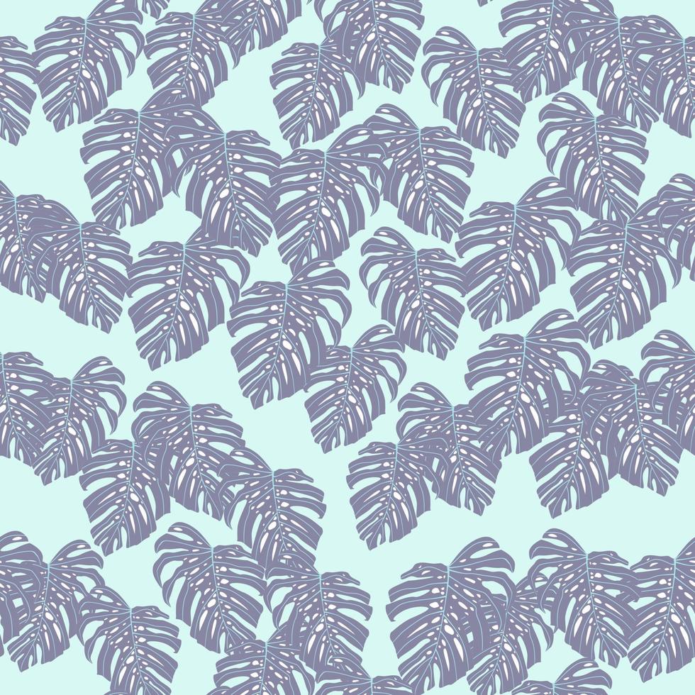 Little purple random monstera ornament seamless pattern. Light pastel blue background. vector