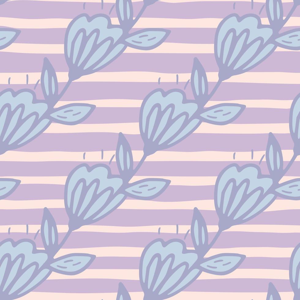 Diagonal located blue flowers on seamless pattern. Lilac background with lines. vector