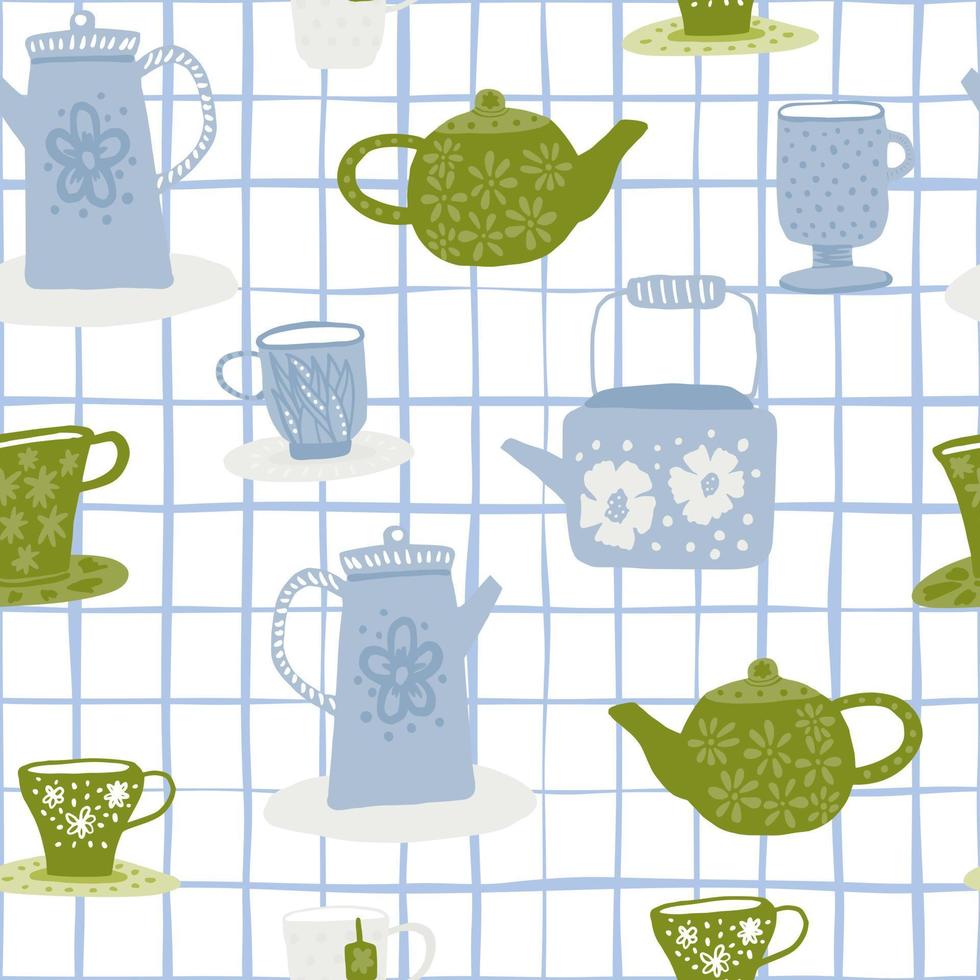 Tea ceremony doodle seamless pattern. White background with check. Green and blue cups and teapots. vector