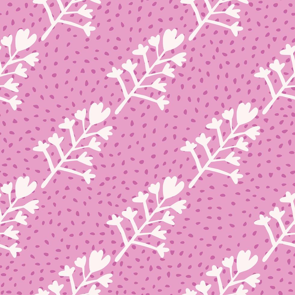 Natural seamless pattern with floral ornament. White botanic silhouettes on bright lilac background with dots. vector