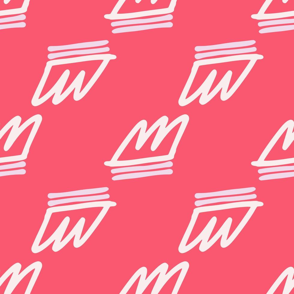 Bright contrast pastel seamless pattern with crown elements. Artwork with pink background and white contoured ornament. vector