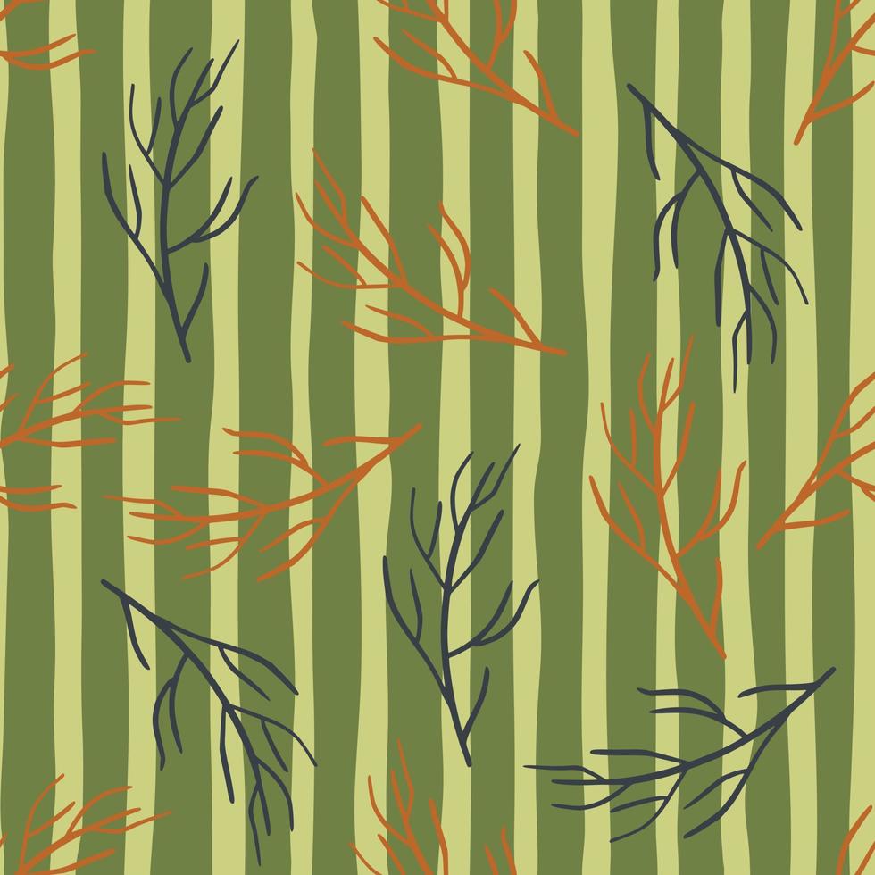 Autumn nature seamless pattern with tree branches ornament. Green olive striped background. vector