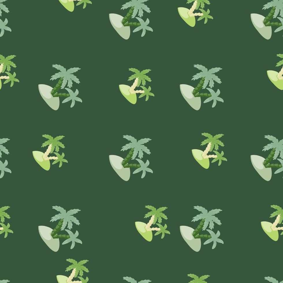 Tropical seamless pattern with hand drawn island and palm tree shapes. Green background. Exotic nature print. vector