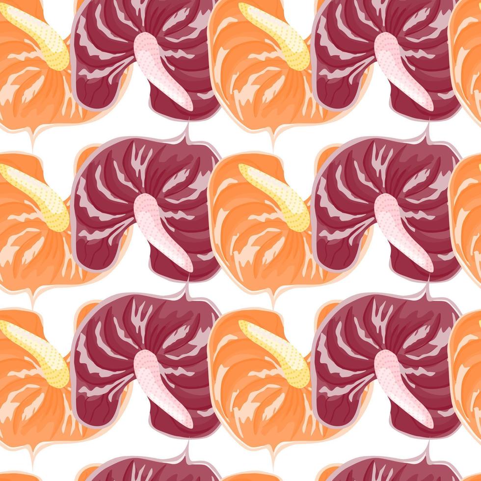 Trendy anthurium flowers seamless pattern isolated on white background. Summer exotic hawaiian plants backdrop. Tropical botanical wallpaper. vector