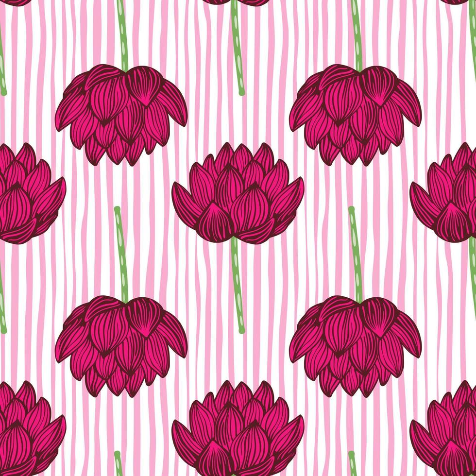 Bloom seamless decorative pattern with bright pink lotus flowers elements ornament. Striped light background. vector