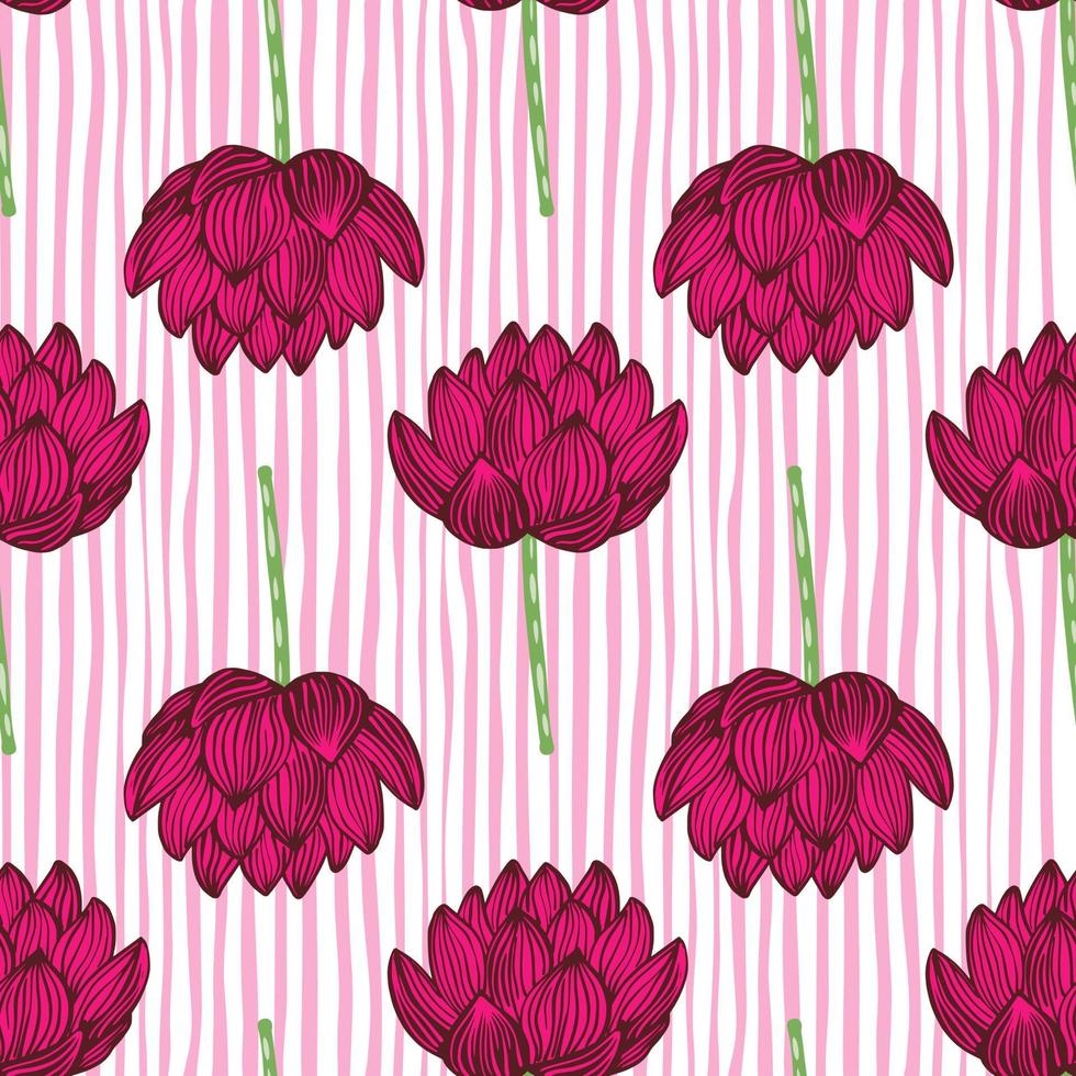 Bloom seamless decorative pattern with bright pink lotus flowers elements ornament. Striped light background. vector