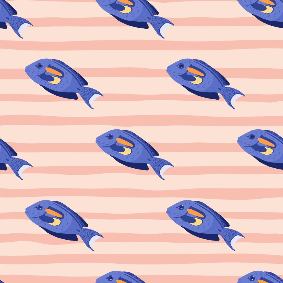 Abstract zoo seamless marine pattern with bright blue surgeon fish shapes. Pastel pink striped background. vector