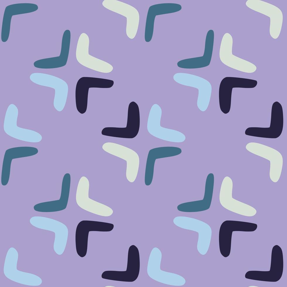 Seamless pattern with boomerang on purple background. Abstract shape endless wallpaper vector