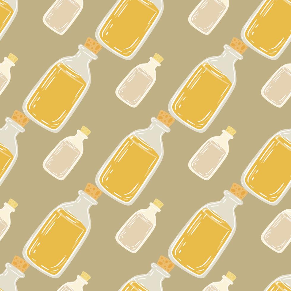 Seamless doodle pattern with yellow oil bottle ornament. Beige background. Healthy medicine backdrop. vector
