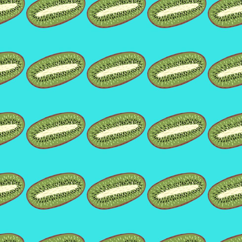 Cartoon seamless pattern with doodle green hand drawn kiwi shapes. Blue background. vector