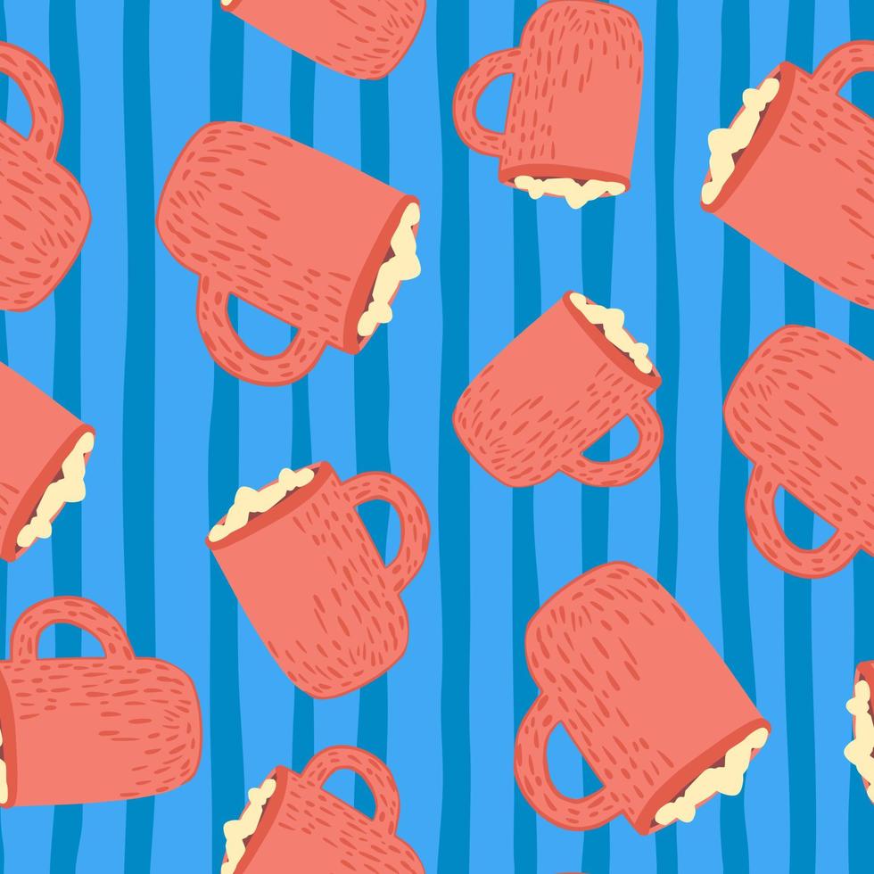 Abstract seamless doodle pattern with pink colored winter breakfast hot chocolate cup. Blue background. vector