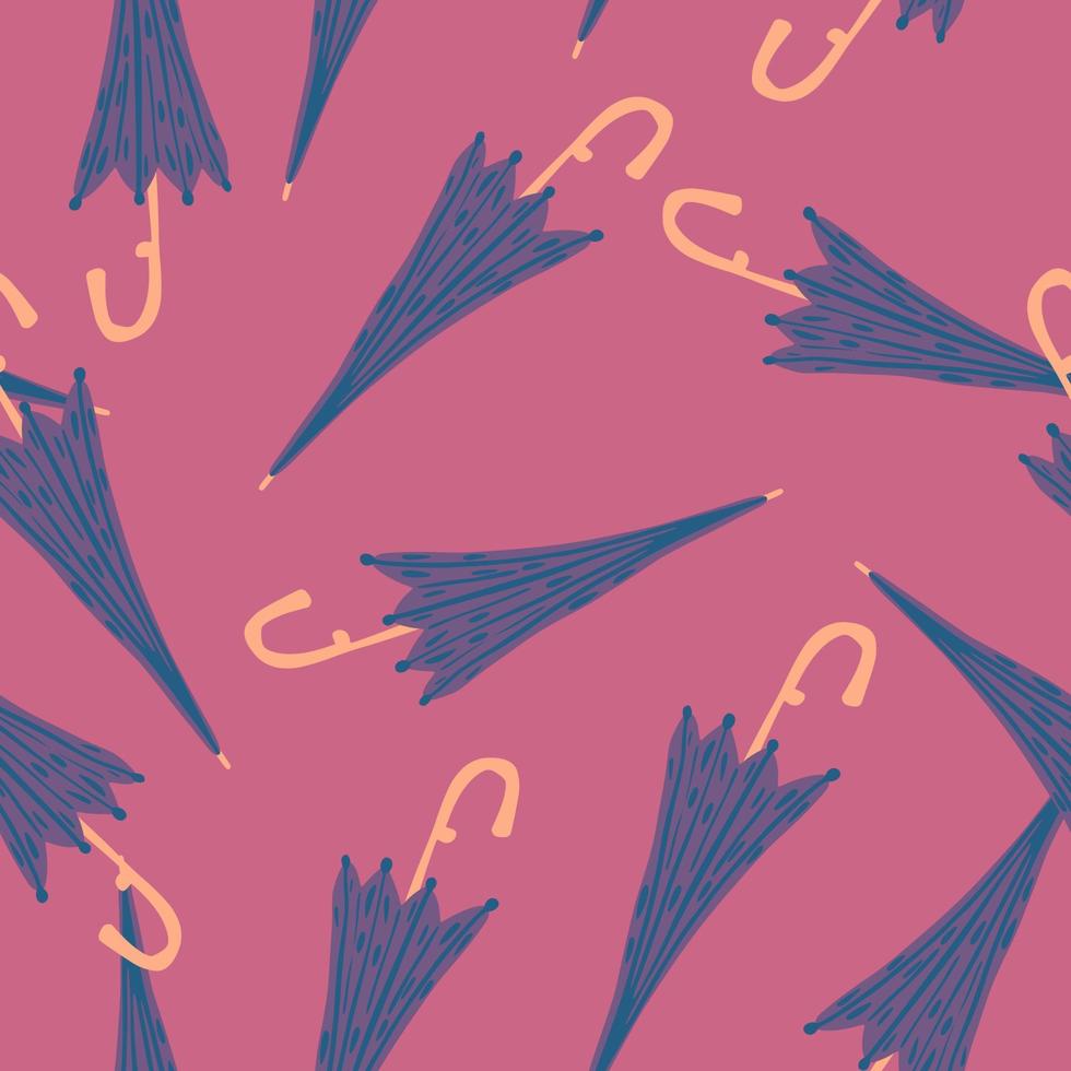 Seamless random pattern with blue fall seasonal umbrella shapes. Pink background. vector