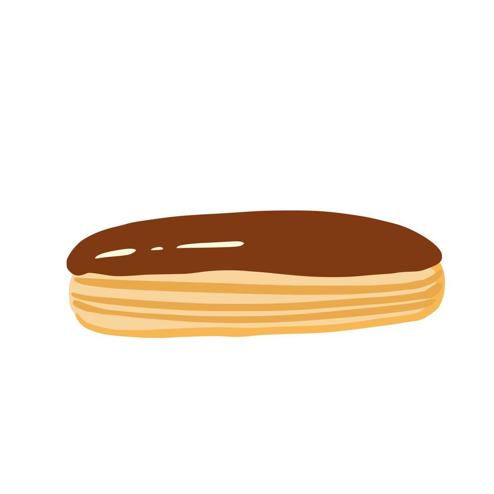 Eclair on white background. Cartoon bakery products with glaze in style doodle. vector