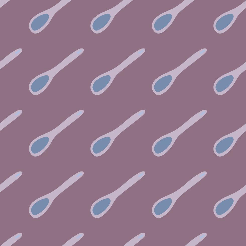 Seamless doodle pattern with kitchen tools ornament. Cooking spoon elements in grey and blue colors. Purple background. vector