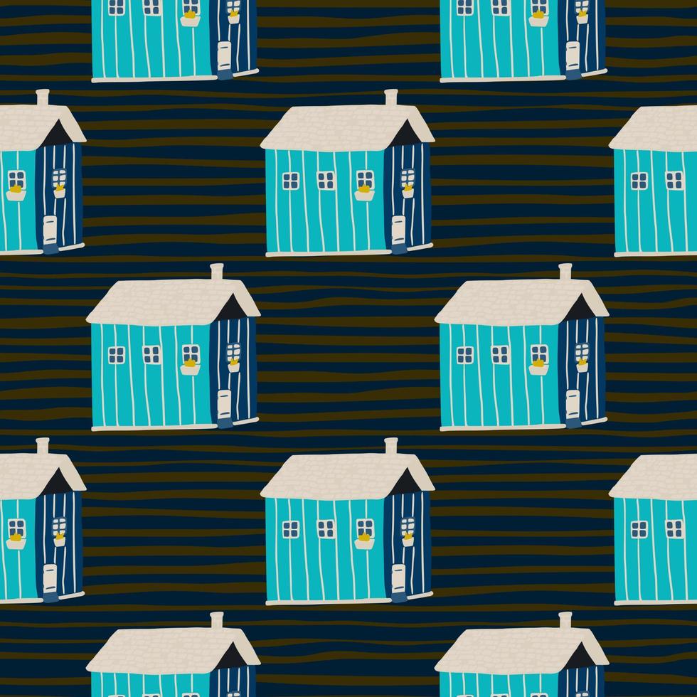 Blue houses seamless pattern stylized print. Black stripped background. Creative architecture simple backdrop. vector