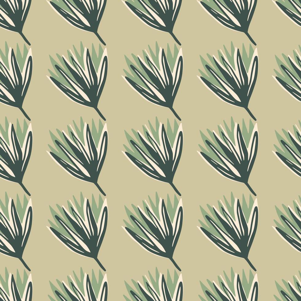 Simple minimalistic seamless floral pattern with bud tulip. Beige background with green and blue botanic ornament. vector