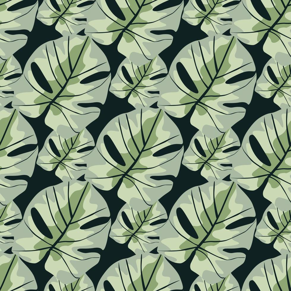 Grey and green colored monstera foliage seamless doodle pattern. Dark background. Vintage botanic print. vector
