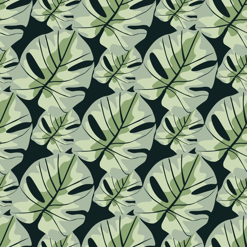 Grey and green colored monstera foliage seamless doodle pattern. Dark background. Vintage botanic print. vector