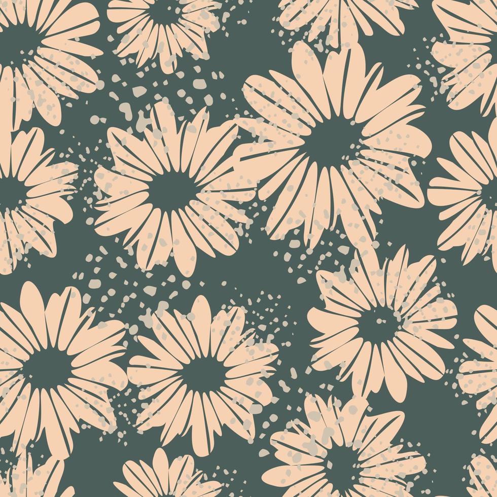 Random seamless pattern with daisy flowers. Grey background with splashes and pastel pink botanic elements. vector