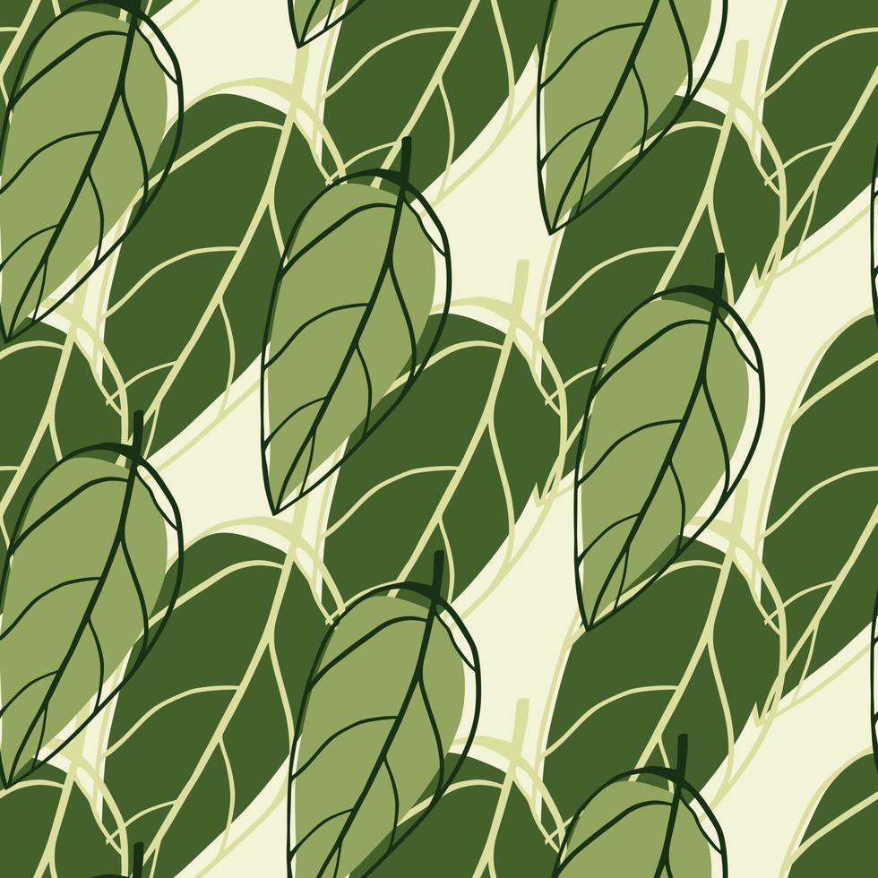 Seamless pattern with doodle outline leaves. Hand drawn botanic print in green tones on light background. vector