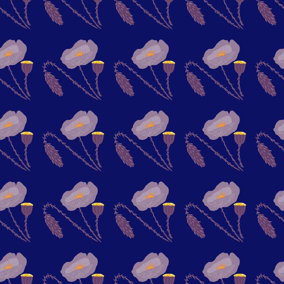 Dark seamless pattern with poppy flowers ornament. Navy blue background with light botanic elements. vector