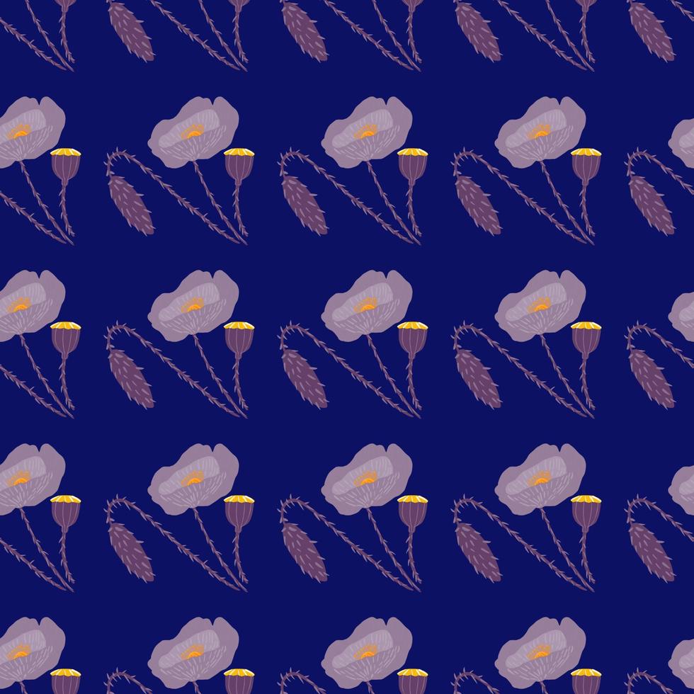 Dark seamless pattern with poppy flowers ornament. Navy blue background with light botanic elements. vector