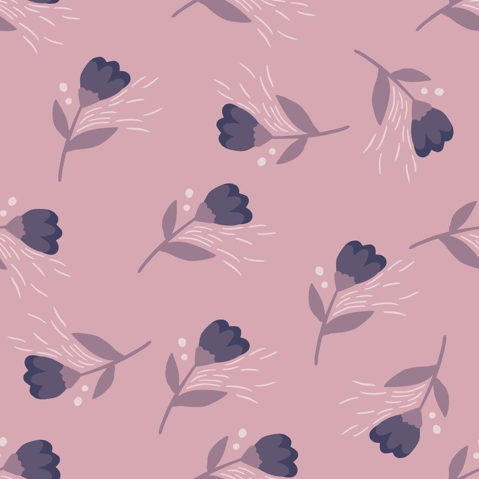 Random located folk flower figures in navy color seamless pattern. Light lilac background. vector