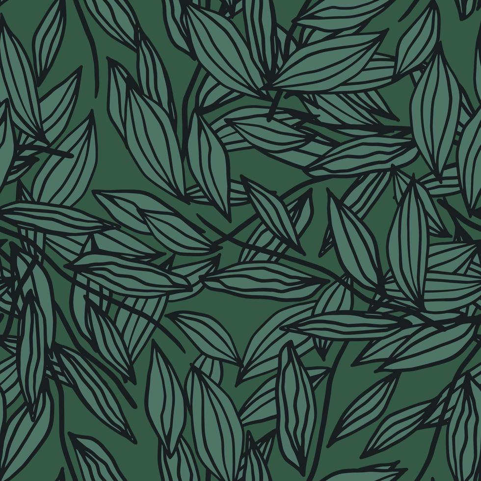 Floral seamless pattern with lined contoures leaves random elements. Artwork in green tones. vector