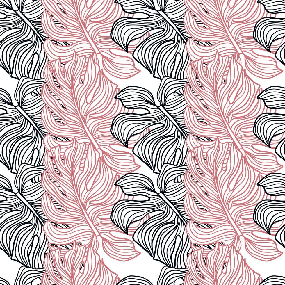 adorno de monstera con contorno de color rosa y azul marino. impresión aislada. ornamento contorneado. vector