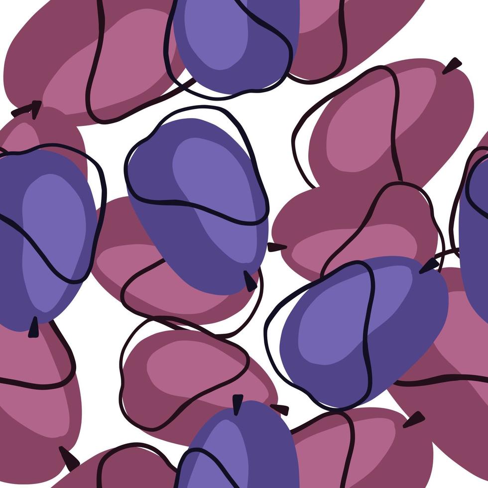 Hand drawn isolated seamless pattern with random navy blue and purple abstract plums shapes. White background. vector