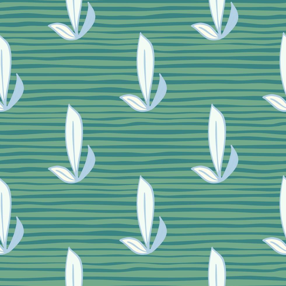 White and blue outline leaf ornament seamless pattern. Turquoise and green striped backround. vector