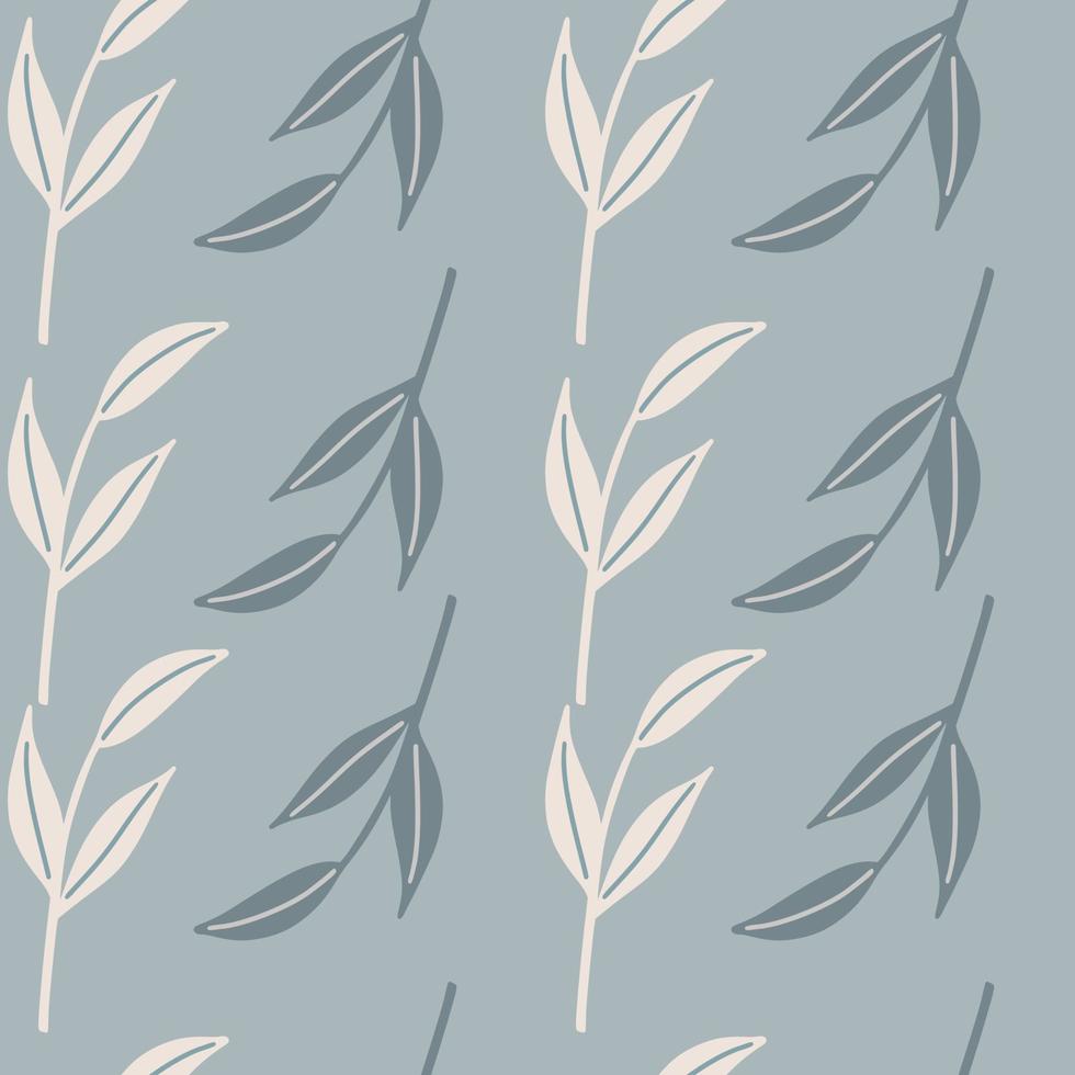 Hand drawn white and blue simple leaf branches silhouettes seamless pattern. Pastel background. vector