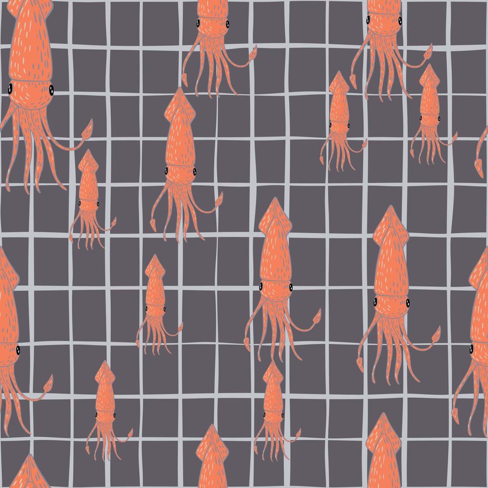 Random seamless pattern with nature wild squids silhouettes on grey chequered background. vector