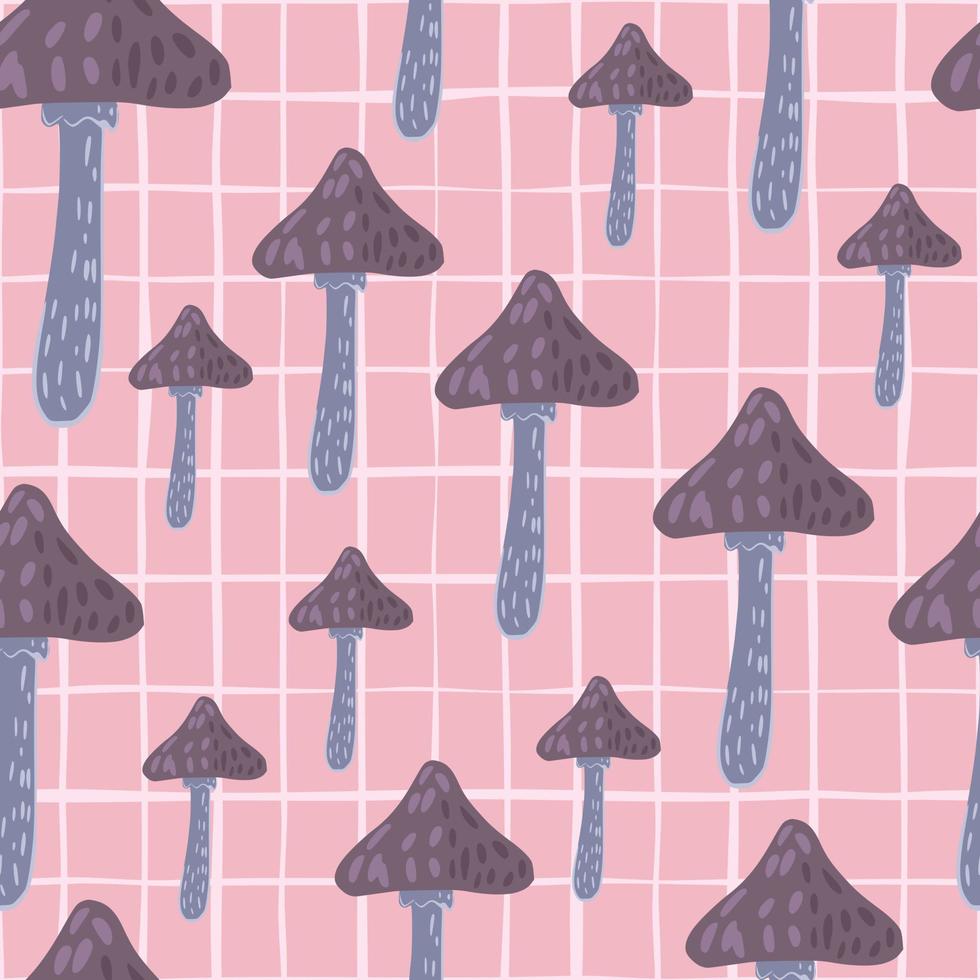 Seamless random pattern with purple and blue colored mushroom elements. Pink chequered background. vector