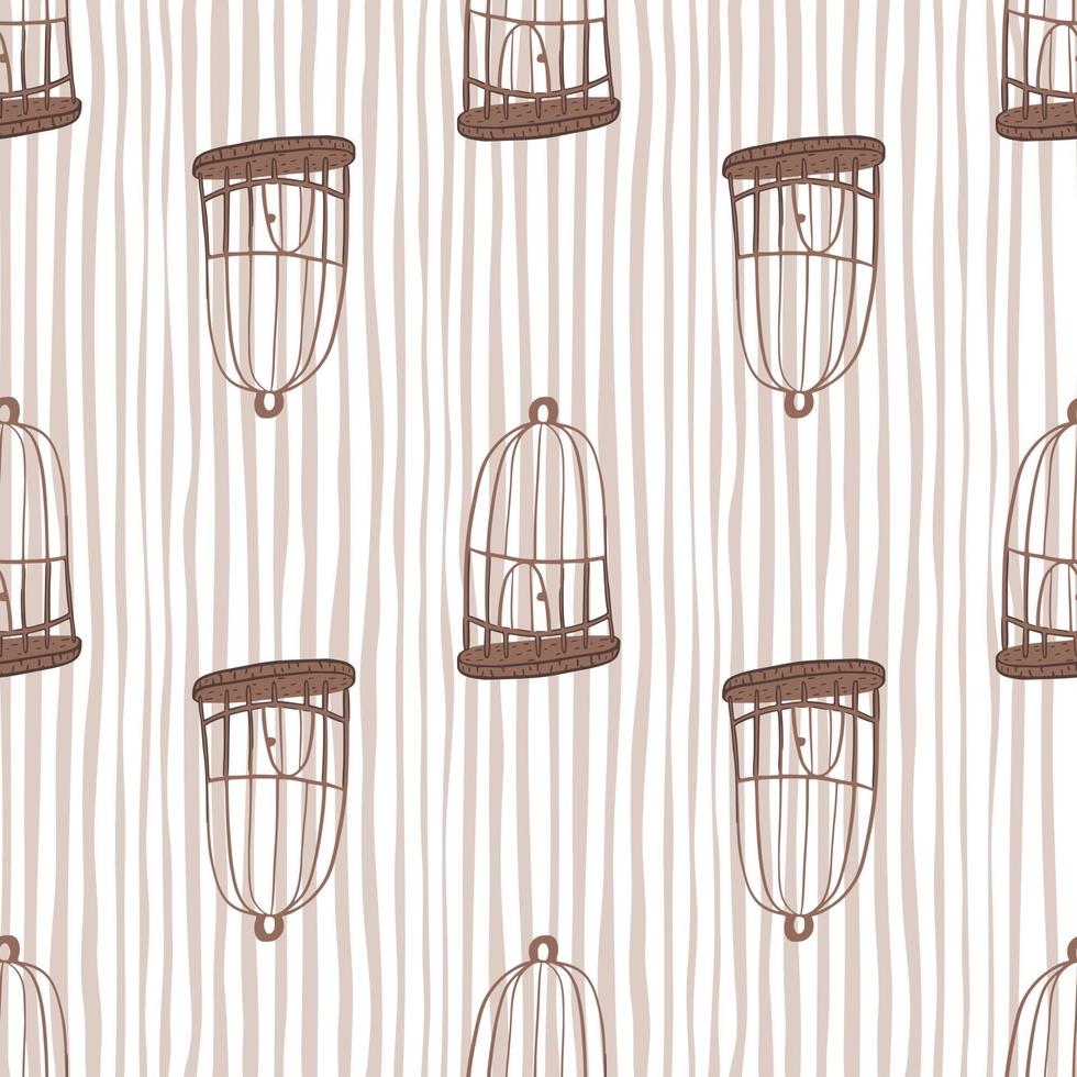 Brown bird cage doodle ornament seamless pattern. Interior print on striped light background. vector