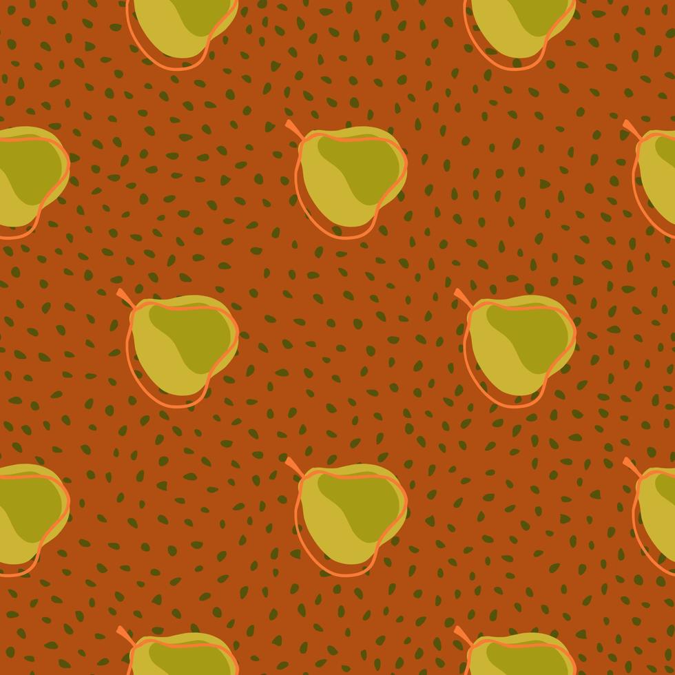 Nature food seamless pattern with simple pear silhouettes print. Dark orange dotted background. vector