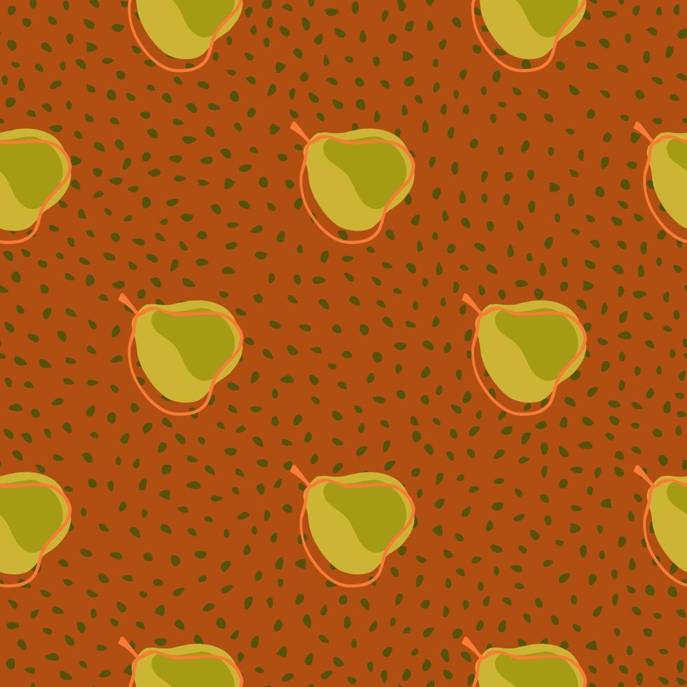 patrón sin costuras de comida natural con estampado de siluetas de pera simple. fondo punteado naranja oscuro. vector