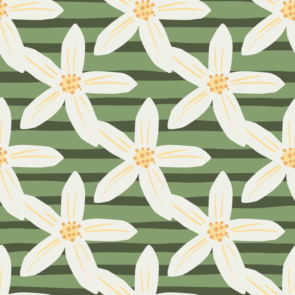 White simple mandarins flower seamless doodle pattern. Green striped background. Summer bloom print. vector