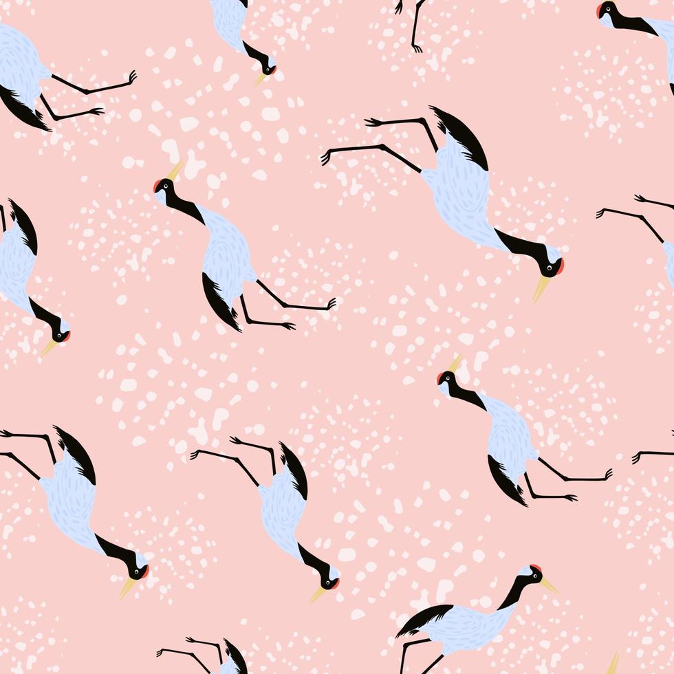 Scrapbook exotic zoo seamless pattern with random blue crane bird silhouettes. Pink background with splashes. vector