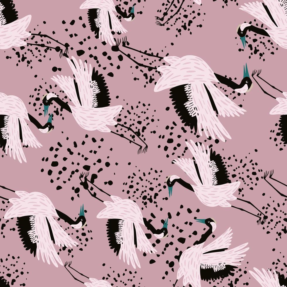 Abstract random asian animal seamless pattern with doodle crane bird silhouettes. Pink background with splashes. vector